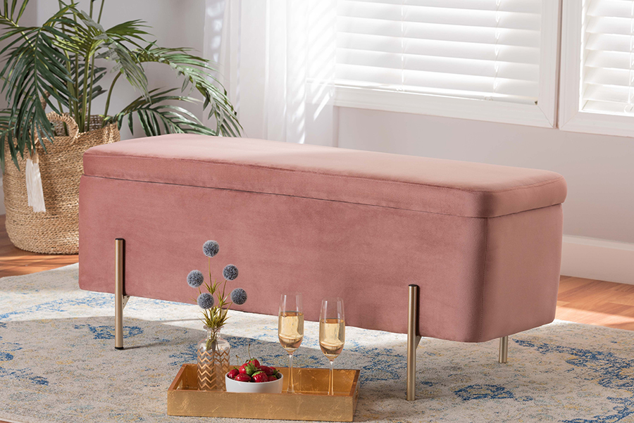 Picture of Baxton Studio FZD0223-Blush Pink Velvet-Bench Rockwell Contemporary Glam & Luxe Blush Pink Velvet Fabric Upholstered & Gold Finished Metal Storage Bench