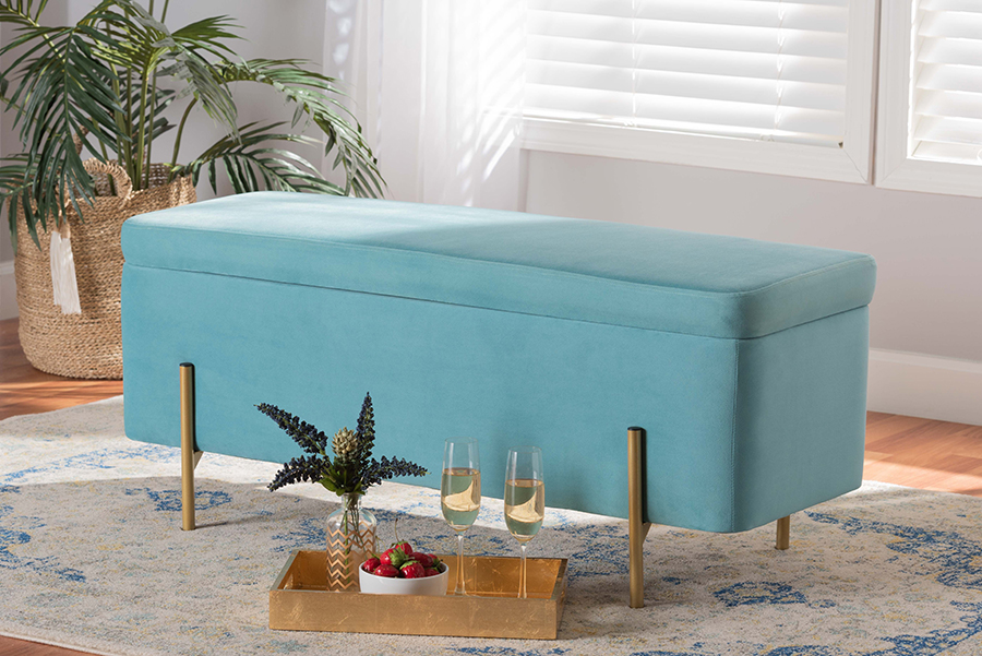 Picture of Baxton Studio FZD0223-Light Blue Velvet-Bench Rockwell Contemporary Glam & Luxe Sky Blue Velvet Fabric Upholstered & Gold Finished Metal Storage Bench