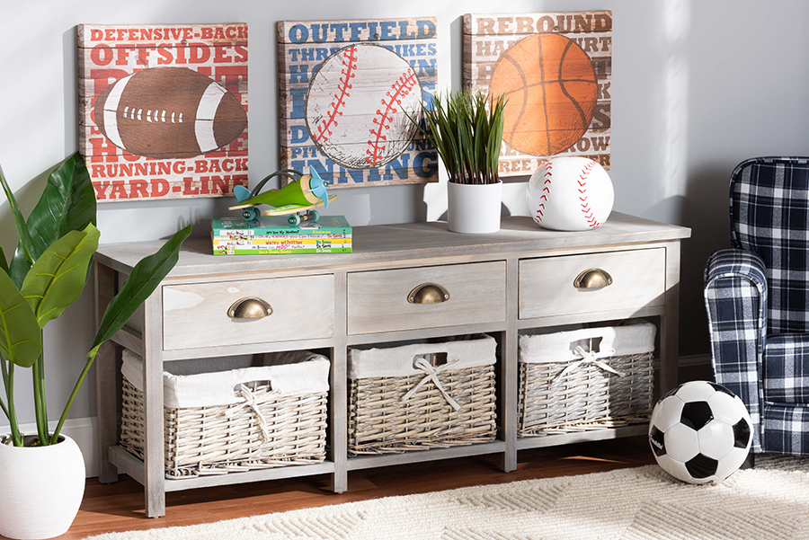 Picture of Baxton Studio FZC200361-Light Grey-Bench Mabyn Modern & Contemporary Light Grey Finished Wood 3-Drawer Storage Bench with Baskets