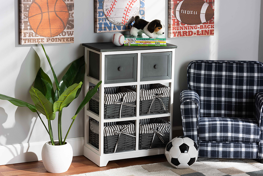 Picture of Baxton Studio 1819-White-Grey Premala Modern & Contemporary Two-Tone Grey & White Finished Wood 2-Drawer Storage Unit with Baskets
