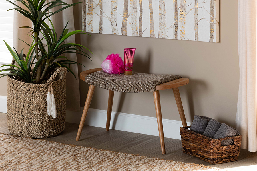 SF9120-Upholstered Oak-Bench Banner Mid-Century Modern Light Brown Fabric Upholstered & Oak Brown Finished Wood Accent Bench