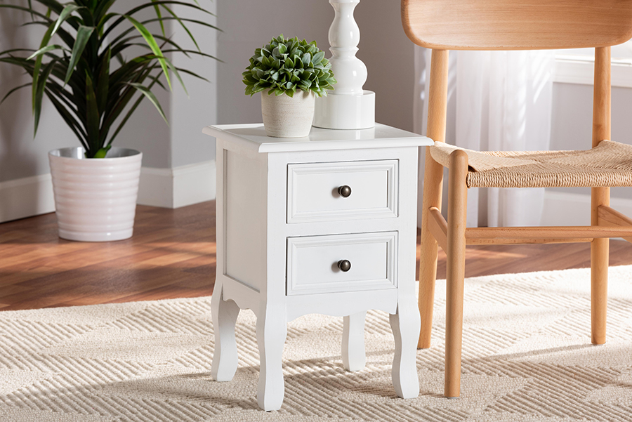 FZC020117-White-NS Caelan Classic & Traditional White Finished Wood 2-Drawer Nightstand -  Baxton Studio, 193271223299