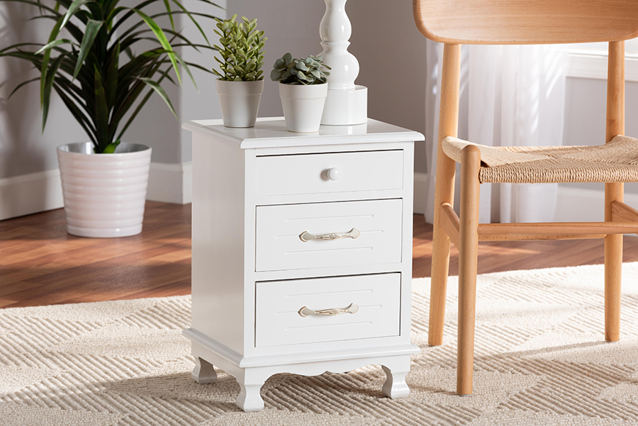 FZC180882-White Wooden-NS Layton Classic & Traditional White Finished Wood 3-Drawer Nightstand -  Baxton Studio, 193271223329