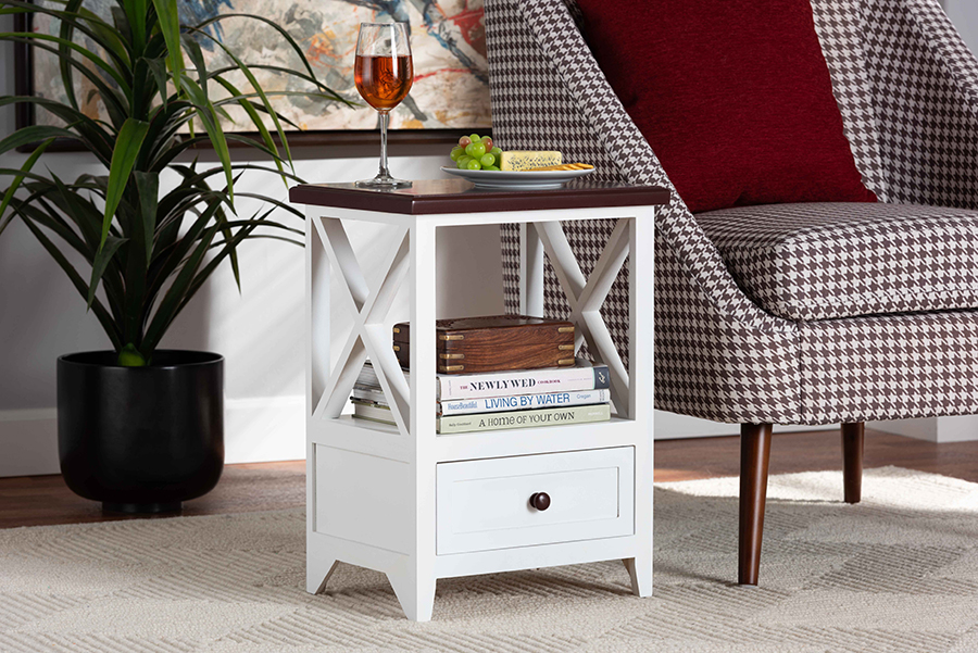 Picture of Baxton Studio FZCB190806-White-Dark Brown-ET Vesta Modern & Contemporary Two-Tone White & Dark Brown Finished Wood 1-Drawer End Table