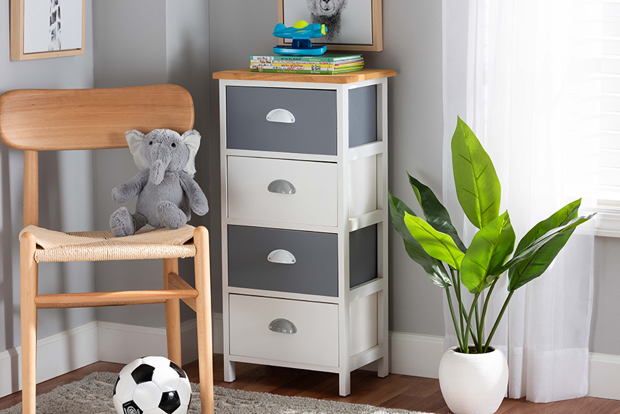Picture of Baxton Studio FZ190409-White-Grey-Cabinet Calandra Modern & Contemporary Oak Brown & Multi-Colored Wood 4-Drawer Storage Unit