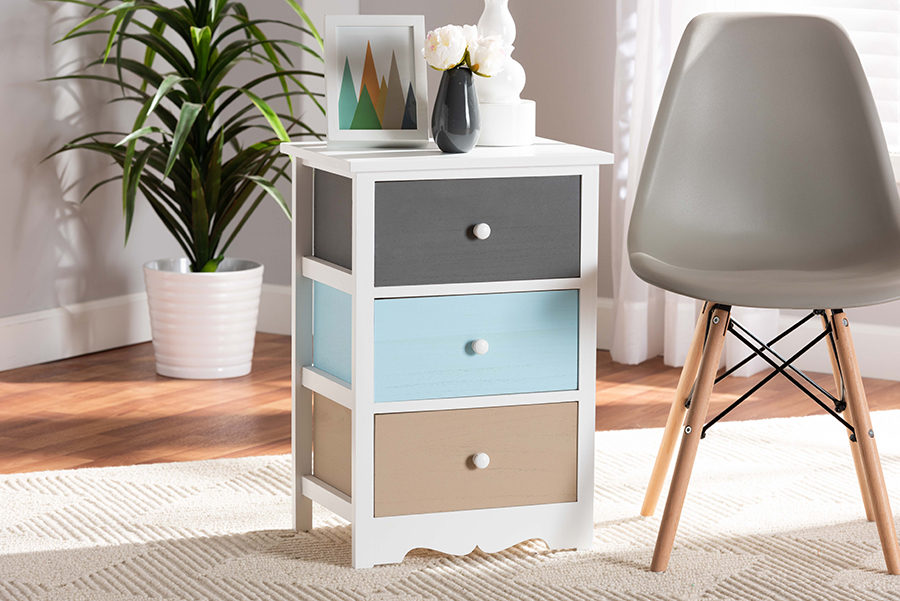 Picture of Baxton Studio FZC180826-Multi Colored-NS Kalila Modern & Contemporary White & Multi-Colored Finished Wood 3-Drawer Nightstand