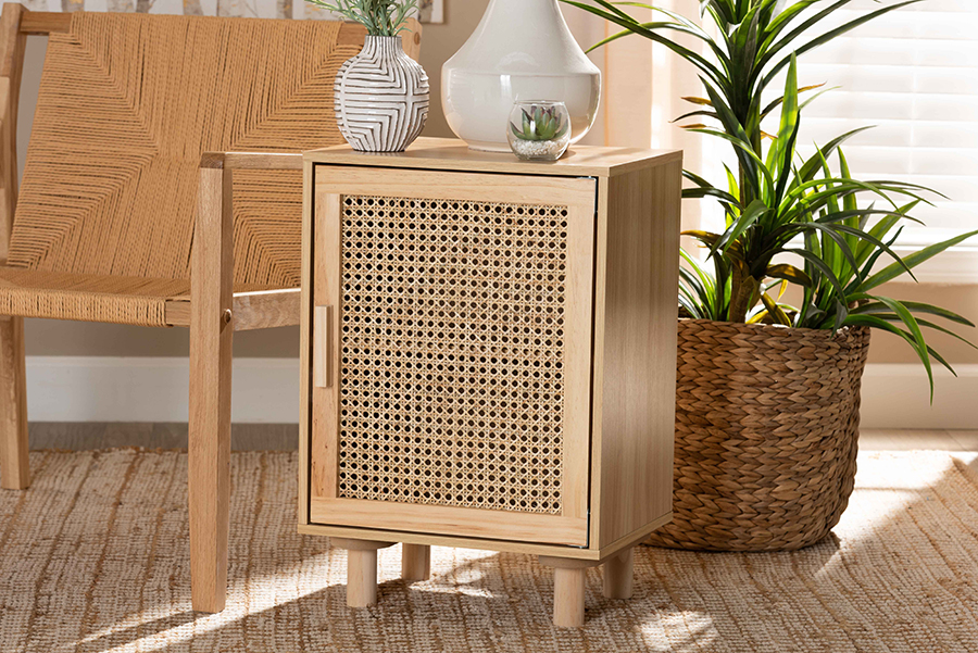 LYA20-104-Natural Wooden-NS Maclean Mid-Century Modern Rattan & Natural Brown Finished Wood 1-Door Nightstand