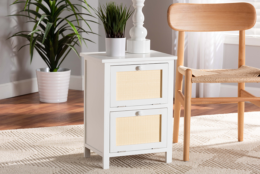 FMA-0176-Wooden 2 Drawer-NS Sariah Mid-Century Modern White Finished Wood & Rattan 2-Door Nightstand -  Baxton Studio, 193271237647