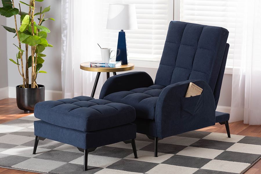 Picture of Baxton Studio T-3-Velvet Navy Blue-Chair-Footstool Set  Belden Modern and Contemporary Navy Blue Velvet Fabric Upholstered and Black Metal 2-Piece Recliner Chair and Ottoman Set