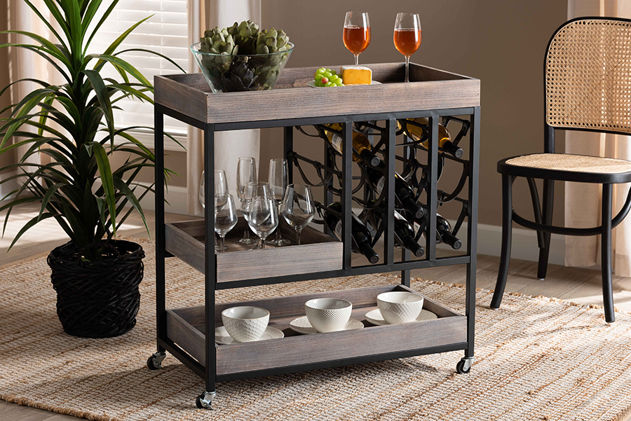 Picture of Baxton Studio 7596-Metal-Cart Laine Modern Industrial Wine Cart&#44; Charcoal & Black - 32.30 x 30.70 x 15.70 in.