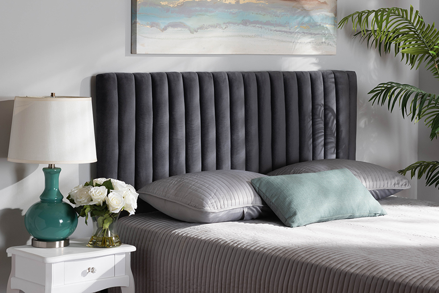 Emile-Grey Velvet-HB-Full 45.90 x 56.9 x 3.1 in. Emile Modern & Contemporary Headboard, Grey & Dark Brown - Full Size -  Baxton Studio, 193271251025