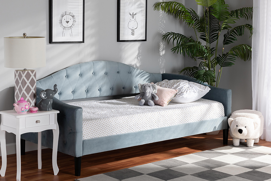 Picture of Baxton Studio Benjamin-Light Blue Velvet-Daybed-Twin Benjamin Modern & Contemporary Daybed&#44; Light Blue & Dark Brown - 36 x 82.3 x 42.7 in.