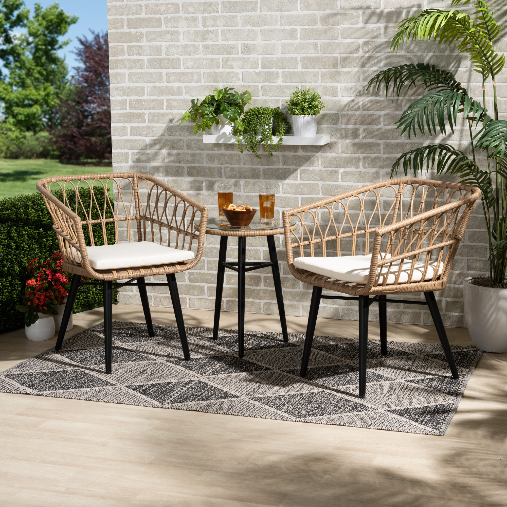 Picture of Baxton Studio L20-MSTO-147-Faux Rattan Brown-White-3PC Set Aimon Modern & Contemporary Fabric Upholstered & Synthetic Rattan Patio Set&#44; Brown&#44; Beige & Black - 3 Piece