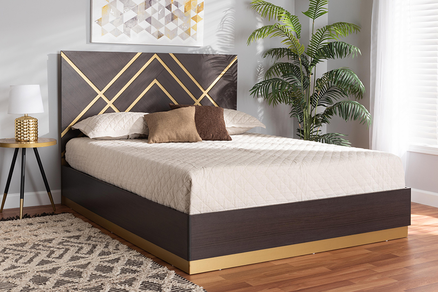 SEBED13032026 Arcelia Queen Platform Bed - Dark Brown & Gold - Contemporary Glam Design