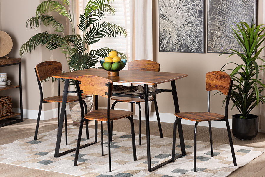 D01325-5PC Dining Set Elida Modern & Contemporary Wood & Metal Dining Set, Walnut Brown & Black - 5 Piece -  Baxton Studio