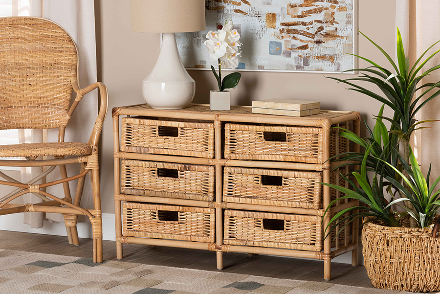 RBS018-Rattan-6DW-Cabinet Dariana Modern Bohemian Rattan 6 Drawer Storage Cabinet, Natural Brown -  bali & pari