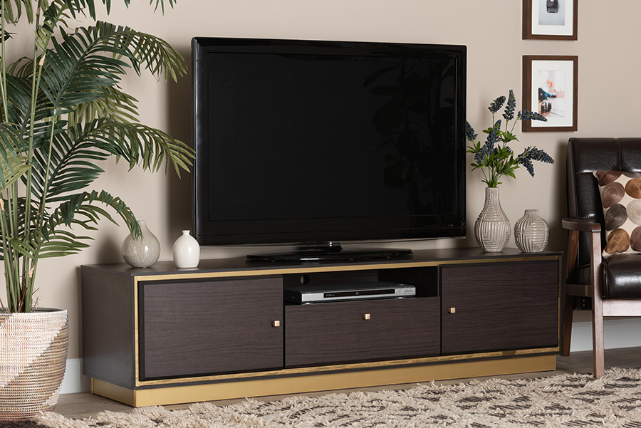 LV28TV28120-Modi Wenge-TV 15.7 x 63 x 15.9 in. Cormac Mid Century Modern Transitional Wood & Metal 2 Door TV Stand, Dark Brown & Gold -  Baxton Studio