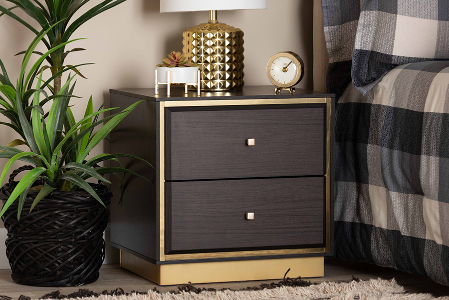 LV28ST28240-Modi Wenge-NS 18.5 x 18.9 x 15.9 in. Cormac Mid Century Modern Transitional Wood & Metal 2 Drawer Nightstand, Dark Brown & Gold -  Baxton Studio