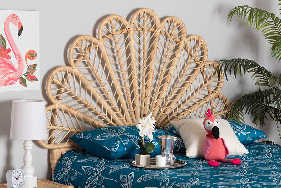 D001-Rattan-HB-Queen Variel Modern Bohemian Standalone Headboard, Natural Brown - Queen Size