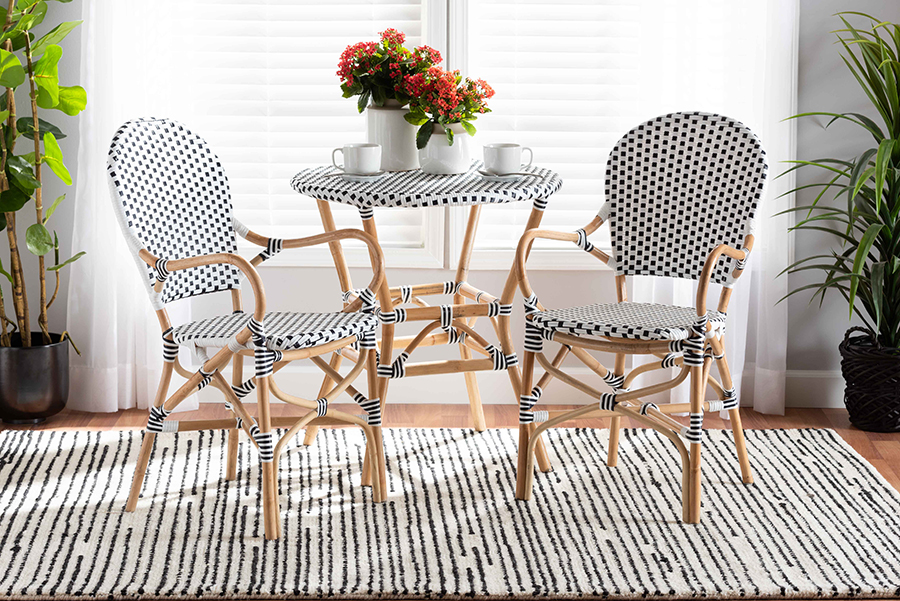 193271286607 38 x 22 x 18 in. Naila Classic French Black and White Weaving and Natural Brown Rattan 2-Piece Indoor and Outdoor Bistro Chair Set
