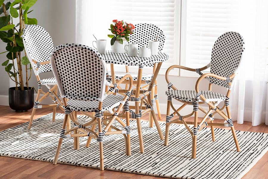 193271313259 Naila Classic French  Black and White Plastic and Natural Brown Rattan 5-Piece Indoor and Outdoor Bistro Set