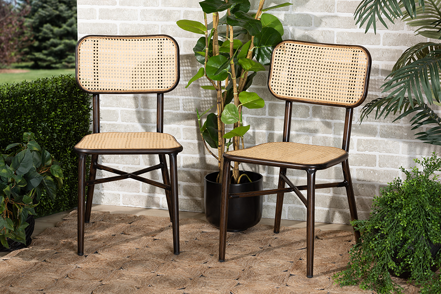 33.25 x 18 x 21.5 in. Baxton Studio Katina Mid-Century Modern Metal & Synthetic Rattan Outdoor Dining Chair, Beige & Dark Brown - Set of 2 -  193271211463