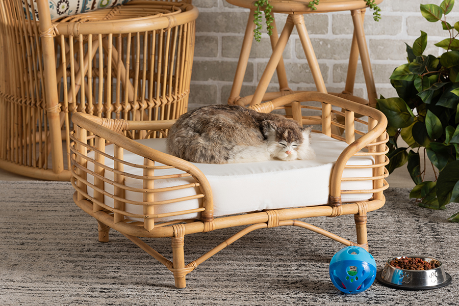 Picture of Wholesale Interiors 193271289769 11.8 x 23.6 x 15.7 in. Baxton Studio Malino Modern Bohemian Rattan Pet Bed with Cushion&#44; Natural Brown