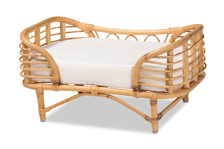 Picture of Wholesale Interiors 193271289769 11.8 x 23.6 x 15.7 in. Baxton Studio Malino Modern Bohemian Rattan Pet Bed with Cushion&#44; Natural Brown