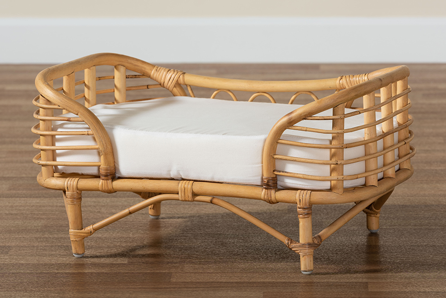 Picture of Wholesale Interiors 193271289769 11.8 x 23.6 x 15.7 in. Baxton Studio Malino Modern Bohemian Rattan Pet Bed with Cushion&#44; Natural Brown