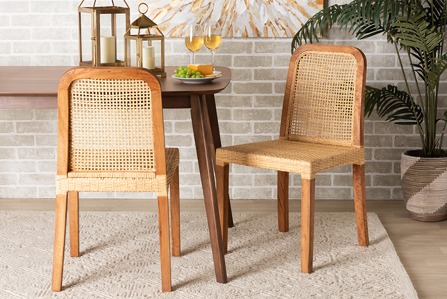 193271289905 33.5 x 18.10 x 20.5 in. Baxton Studio Caspia Mid-Century Modern Rattan Dining Chair, Natural Brown & Walnut Brown - Set of 2 -  Bali & Pari