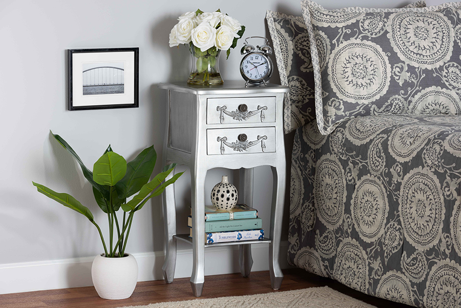 Picture of Baxton Studio 193271206124 Eliya Classic & Traditional Brushed Wood Finished 2 Drawer Nightstand&#44; Silver