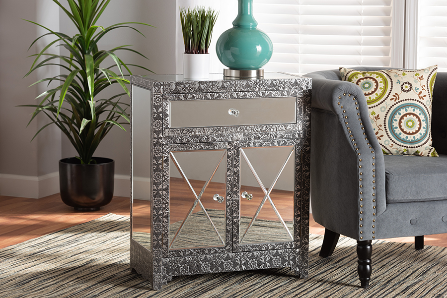 Picture of Baxton Studio 193271214075 Wycliff Industrial Glam & Luxe Metal Finished & Mirrored Glass 1 Drawer Sideboard Buffet&#44; Silver & Gray