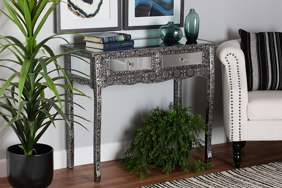 Picture of Baxton Studio 193271214099 Wycliff Industrial Glam & Luxe Metal Finished & Mirrored Glass 2 Drawer Console Table&#44; Silver