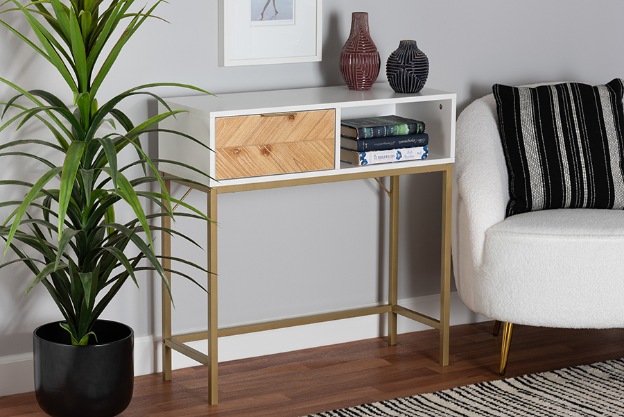 Picture of Baxton Studio 193271258918 Giona Modern & Contemporary Two Tone Wood & Metal Finished 1 Drawer Console Table&#44; Oak Brown&#44; White & Gold
