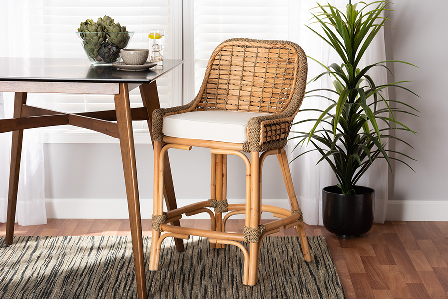 Kyle Modern Bohemian Rattan Counter Stool - Natural Brown & White - Ergonomic Design