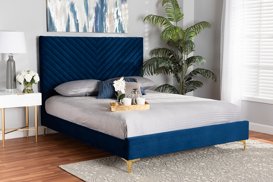 Fabrico Contemporary Glam & Luxe Velvet Fabric Upholstered & Metal Platform Bed, Navy Blue & Gold - Queen Size -  Sekkusu Furniture, SE2508051