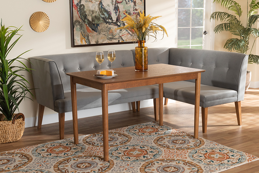 193271191543 Stewart Mid-Century Modern Velvet Upholstered & Wood Dining Nook Set, Grey & Walnut Brown - 3 Piece