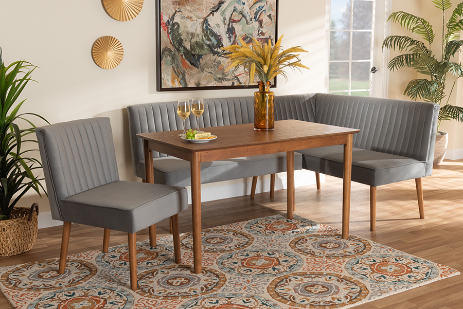 193271207633 Alvis Mid-Century Modern Velvet Upholstered & Wood Dining Nook Set, Grey & Walnut Brown - 4 Piece