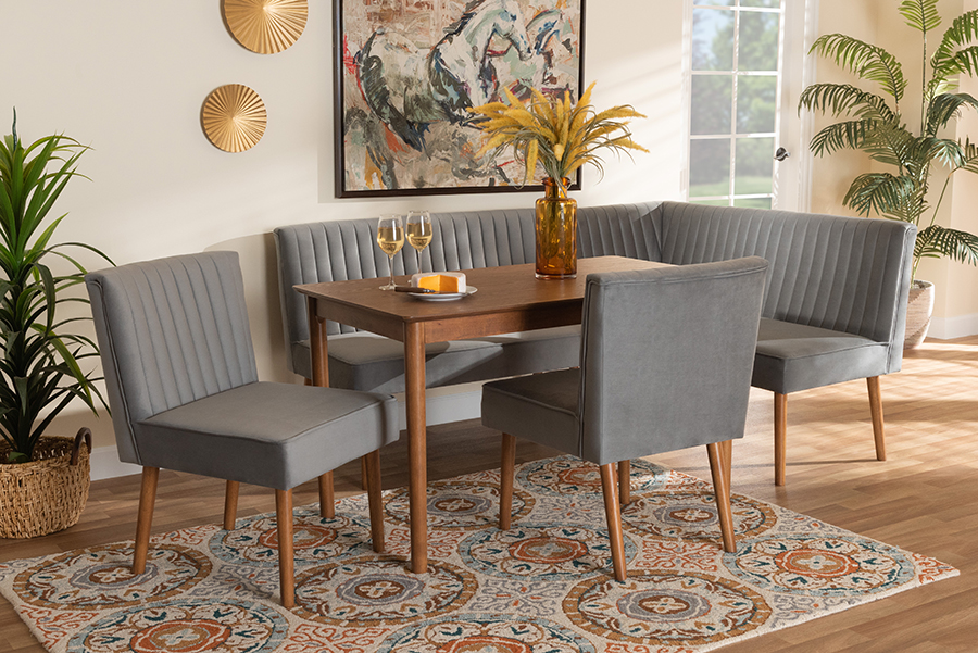 193271207640 Alvis Mid-Century Modern Velvet Upholstered & Wood Dining Nook Set, Grey & Walnut Brown - 5 Piece