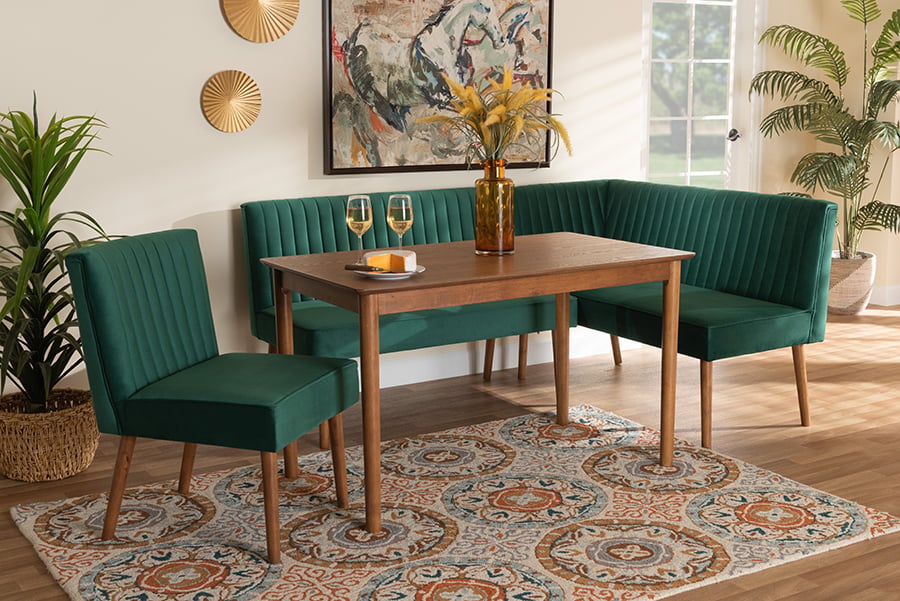 193271207664 Alvis Mid-Century Modern Velvet Upholstered & Wood Dining Nook Set, Emerald Green & Walnut Brown - 4 Piece
