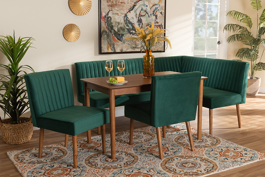 193271207671 Alvis Mid-Century Modern Velvet Upholstered & Wood Dining Nook Set, Emerald Green & Walnut Brown - 5 Piece