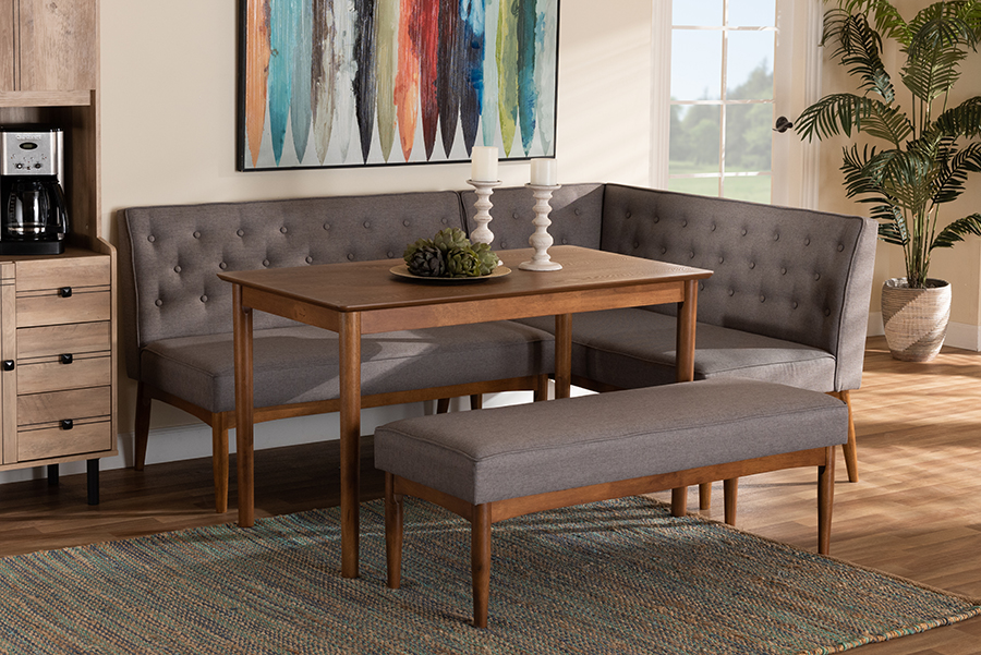 193271174867 Riordan Mid-Century Modern Fabric Upholstered & Finished Wood Dining Nook Set, Grey & Walnut Brown - 4 Piece -  Baxton Studio