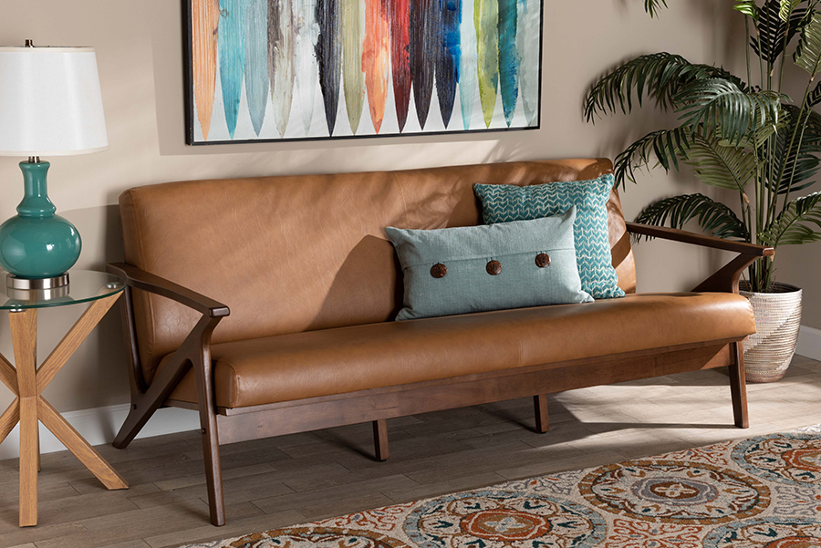 Picture of Baxton Studio Bianca-Tan-Walnut Brown-SF Bianca Mid-Century Modern Walnut Brown Finished Wood & Tan Faux Leather Effect Sofa
