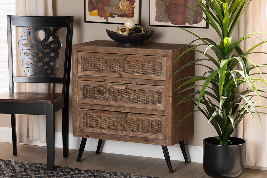 Picture of Baxton Studio 193271179589 Calida Mid-Century Modern Wood & Rattan 3-Drawer Storage Cabinet&#44; Black&#44; White & Natural Brown