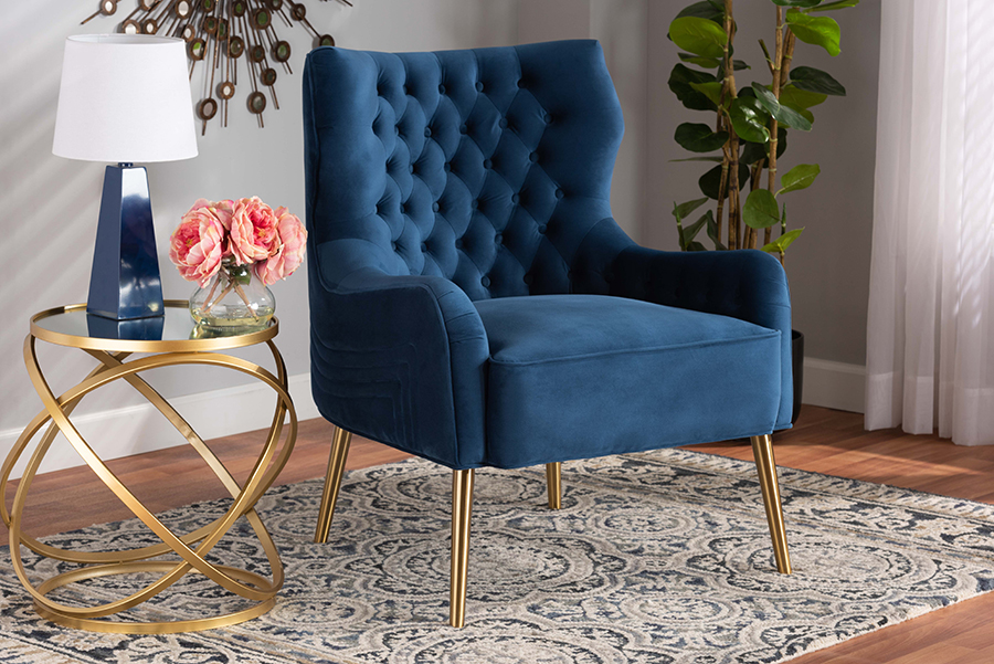 Picture of Baxton Studio 193271183685 Nelson Modern Luxe & Glam Velvet Fabric Upholstered & Gold Finished Metal Armchair&#44; Navy Blue