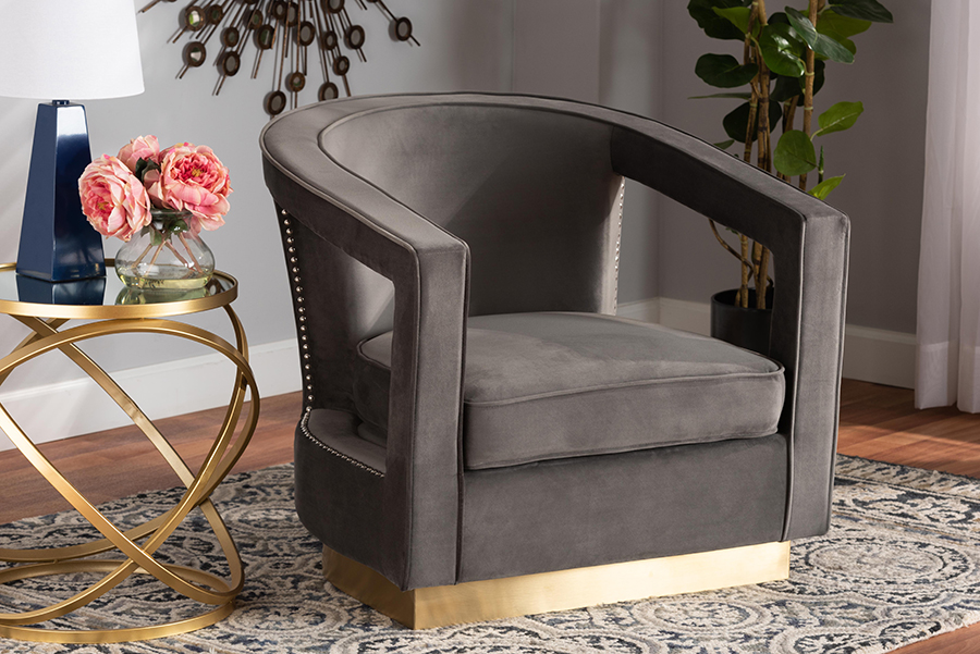 Picture of Baxton Studio TSF-6743-Grey Velvet-Gold-CC Neville Modern Luxe & Glam Grey Velvet Fabric Upholstered & Gold Finished Metal Armchair