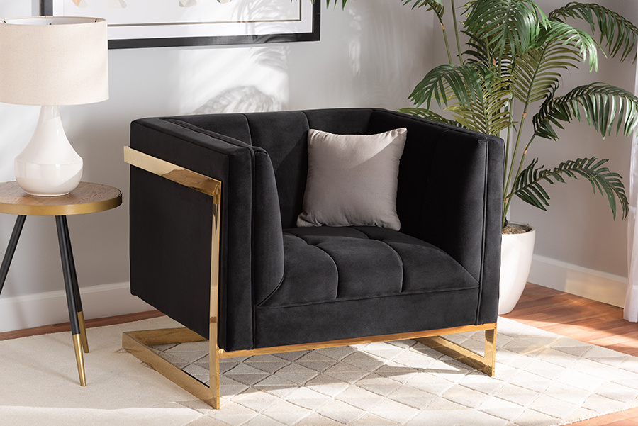 Picture of Baxton Studio TSF-5507-Black-Gold-CC Ambra Glam & Luxe Black Velvet Fabric Upholstered & Button Tufted Armchair with Gold-Tone Frame