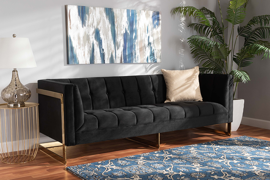 Picture of Baxton Studio TSF-5507-Black-Gold-SF Ambra Glam & Luxe Black Velvet Upholstered & Button Tufted Sofa with Gold-Tone Frame