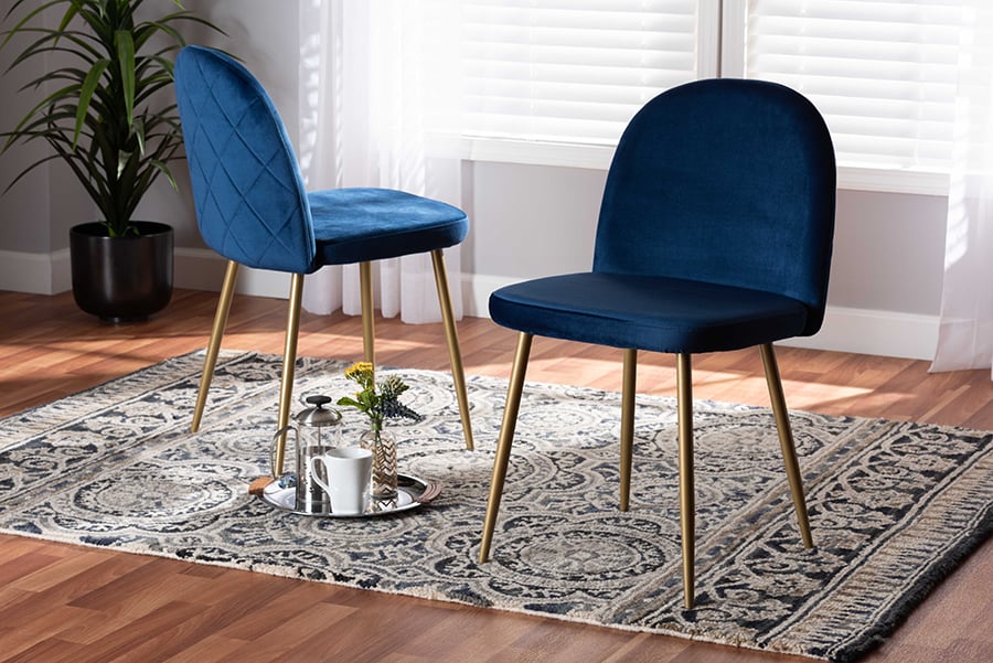 DC176-Navy Blue Velvet-Gold-DC Fantine Modern Luxe & Glam Navy Blue Velvet Fabric Upholstered & Gold Finished Metal Dining Chair Set - 2 Piece -  Baxton Studio, 193271196098