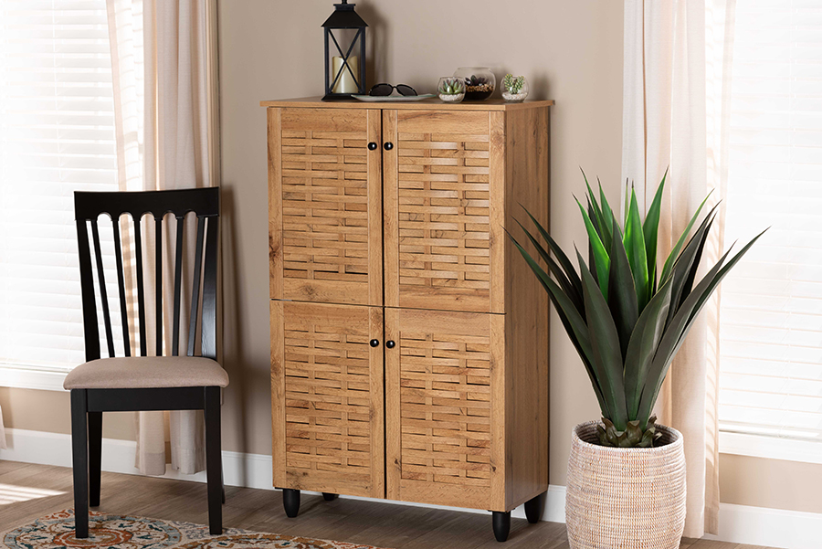 Picture of Baxton Studio 193271211760 13.1 x 30 x 48.2 in. Winda Modern & Contemporary Wood 4-Door Shoe Storage Cabinet&#44; Oak Brown